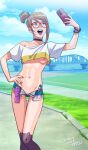  1girl bare_shoulders breasts cellphone collarbone colored_condom condom condom_packet_strip condom_wrapper crop_top crop_top_overhang cropped_shirt darcy_(tekuho) glasses hair_between_eyes highres holding holding_phone looking_at_phone midriff multiple_condoms nipples open_mouth original outstretched_arm phone pussy red-framed_eyewear selfie short_hair short_shorts shorts small_breasts smartphone smile solo stomach taking_picture tank_top tekuho_no_habo 