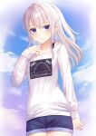  1girl bangs blue_eyes blue_shorts blush chakku_illust charlotte_(anime) closed_mouth collarbone commentary commission highres long_hair long_sleeves looking_at_viewer shirt shorts skeb_commission smile solo standing tomori_nao white_shirt 