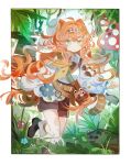  1girl :o animal_on_arm black_boots boots brown_shorts checkered_hairband foot_out_of_frame forest green_eyes hairband highres leg_up long_hair looking_at_viewer mushroom nature orange_hair plant red_panda reverse:1999 running shirt shorts sign solo sonetto_(reverse:1999) two_side_up very_long_hair white_hair white_shirt zhizhi_(surri79797) 