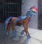  absurd_res blue_body blue_feathers chain clothing cuff_(restraint) ears_down equid equine feathered_wings feathers female feral friendship_is_magic hair handcuffs hasbro hi_res mammal metal_cuffs multicolored_hair multicolored_tail my_little_pony peachmichea pegasus pink_eyes pivoted_ears prison_uniform prisoner rainbow_dash_(mlp) rainbow_hair rainbow_tail restraints tail uniform walking wings wings_tied 
