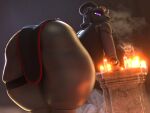 2025 2_horns 3d_(artwork) absurd_res animatronic anthro bent_over big_butt black_body black_clothing black_dress black_eyeshadow black_horn blurred_background bovid breasts butt butt_focus candle caprine caprine_demon clothing demon digital_media_(artwork) dress dutch_angle eyeshadow ezabell_(night_shift_secrets) facial_piercing female glistening glistening_body glowing glowing_eyes goat_demon hi_res horn horn_jewelry horn_ring huge_thighs inside jewelry looking_back machine makeup mammal night_shift_secrets nose_piercing nose_ring piercing psyjohn pupils purple_eyes rear_view ring_(jewelry) ring_piercing robot robot_anthro side_slit side_slit_dress skindentation slit_dress slit_pupils smoke solo thick_thighs thigh_strap