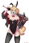  1girl absurdres animal_ear_hairband animal_ears baseball_bat black_jacket black_leotard black_thighhighs blonde_hair blowing_bubble_gum blush bow bowtie breasts chewing_gum collarbone detached_collar fake_animal_ears gloves hairband highres holding holding_baseball_bat holding_weapon jacket leotard long_hair looking_at_viewer luciana_de_montefio medium_breasts open_mouth pixiv_username playboy_bunny rabbit_ear_hairband rabbit_ears red_eyes side_ponytail simple_background solo strapless strapless_leotard thighhighs thighs waka_ink weapon white_background zenless_zone_zero 