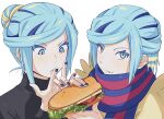  1boy bbhdrrr black_shirt blue_nails blue_scarf bread closed_mouth eating eyelashes food food_on_face green_eyes green_hair grusha_(pokemon) hands_up highres holding holding_food jacket lettuce licking licking_finger looking_down male_focus multiple_views nail_polish pokemon pokemon_(game) pokemon_sv sandwich scarf shirt striped striped_scarf tomato tomato_slice upper_body white_background yellow_jacket 
