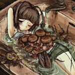  1girl antenna_hair armpit_stubble arms_behind_head arms_up blood blunt_bangs body_horror brown_eyes brown_hair bubbacterial bug closed_mouth cockroach cowboy_shot faucet fungal_growth furrowed_brow green_shorts highres in_bathtub looking_at_viewer lying medium_hair micro_shorts mushroom on_back one_eye_closed original oversized_bug partially_submerged shorts solo water 
