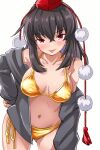  1girl :p absurdres alternate_costume ass_visible_through_thighs bikini blush breasts brown_hair collarbone colored_inner_hair commentary_request gold_bikini grey_hoodie hair_between_eyes hat highres hood hoodie leaning_forward long_hair medium_breasts missing_wings multicolored_hair navel open_clothes open_hoodie pom_pom_(clothes) purple_hair red_eyes red_hat shameimaru_aya side-tie_bikini_bottom simple_background solo stomach swimsuit tokin_hat tongue tongue_out touhou white_background yuuka_(a0240765) 