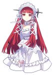  1girl absurdres blunt_bangs bonnet bow choker closed_mouth collarbone colored_eyebrows dress expressionless frilled_choker frilled_dress frills hair_bow hand_on_own_arm highres layered_dress lolita_fashion long_hair long_sleeves looking_at_viewer object_through_head persona persona_3 red_hair shocho_(shaojiujiu) solo sword_in_head upper_body white_background white_dress yellow_eyes yoshino_chidori 