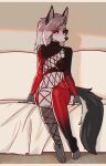 anthro black_nose breasts canid canid_demon clothed clothing demon female fluffy fluffy_tail fur grey_body grey_fur grey_hair hair hellhound helluva_boss hi_res loona_(helluva_boss) mammal meme meme_clothing nipple_slip partially_clothed red_eyes sitting solo string_jumpsuit sukiskuki tail translucent translucent_hair white_body white_fur 