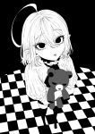  1boy absurdres ahoge ascot black_background checkered_floor greyscale highres huge_ahoge long_sleeves looking_at_viewer male_focus monochrome object_hug ohayousan_084 original parted_lips pointy_ears solo stuffed_animal stuffed_toy teddy_bear 