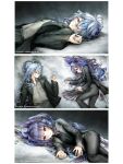  1boy 1girl ahoge bird_girl bird_tail black_jacket black_pants black_shirt black_suit blue_hair braid collared_shirt commentary copyright_notice dols_art english_commentary enna_alouette enna_alouette_(maid) eyepatch grey_shirt hair_ornament hair_over_one_eye hairclip head_wings highres holostars holostars_english jacket long_hair lying multicolored_hair nijisanji nijisanji_en octavio octavio_(2nd_costume) official_alternate_hair_color official_alternate_hairstyle official_art on_back on_side pant_suit pants pink_eyes ponytail purple_eyes purple_hair shirt suit tail wings 
