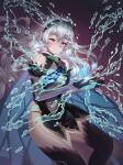  1girl absurdres black_gloves black_panties corrin_(female)_(fire_emblem) corrin_(fire_emblem) covered_navel cowboy_shot det doiparuni dragonstone dress fire_emblem fire_emblem_fates fire_emblem_heroes flower gloves grey_hair grin hairband highres official_alternate_costume panties panty_straps pointy_ears purple_background red_eyes rose see-through short_dress simple_background smile solo thorns underwear water 