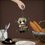  1girl basket black_eyes black_footwear black_headwear blouse boots bow bread buttons chibi diamond_button eyeball food fork frilled_shirt_collar frilled_sleeves frills green_hair green_skirt hat hat_bow hat_removed hat_ribbon headwear_removed heripantomorrow knife komeiji_koishi long_sleeves medium_hair ribbon shirt skirt solo table third_eye touhou wavy_hair wide_sleeves wooden_table yellow_bow yellow_ribbon yellow_shirt 