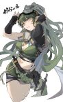  1girl :d arknights arms_up belt belt_pouch bikini bikini_top_only black_gloves breasts cleavage crocodilian_tail crossed_legs dagger dreadlocks elbow_gloves fingerless_gloves gas_mask gavial_(arknights) gavial_the_invincible_(arknights) gloves goggles goggles_on_head green_bikini green_hair green_shorts grin highres kamatpit knife large_breasts long_hair looking_at_viewer mask navel oripathy_lesion_(arknights) parted_lips pouch short_shorts shorts simple_background smile solo swimsuit tail torn_clothes translation_request very_long_hair weapon white_background yellow_eyes 