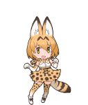  1girl animal_ears bare_shoulders belt blonde_hair bow bowtie cat_ears cat_girl cat_tail elbow_gloves extra_ears gloves highres kemono_friends kneehighs looking_at_viewer official_art open_mouth serval_(kemono_friends) shirt shoes short_hair skirt sleeveless sleeveless_shirt socks solo tail transparent_background yellow_eyes yoshizaki_mine 