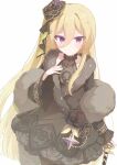  1girl black_dress black_flower black_rose blonde_hair commentary_request dress flower hair_between_eyes hair_flower hair_ornament hand_on_cane hand_on_own_chest highres isoroku_(isrk) looking_at_viewer matilda_(stella_sora) purple_eyes rose simple_background solo stella_sora white_background wide_sleeves 