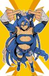  1girl abs animal_ear_fluff animal_ears arms_up asymmetrical_hair bandaged_hand bandages bandaid bandaid_on_leg bare_shoulders belt blaze_a'_bella_(awastedninja) blue_belt blue_boots blue_eyes blue_hair blue_shorts blue_tube_top boots braid breasts bruise cleavage cleavage_cutout clothing_cutout commentary commission corrupted_twitter_file cuts detached_sleeves double_middle_finger dreadlocks english_commentary fishnet_sleeves fishnets from_above full_body grin hair_between_eyes highres injury knee_pads large_breasts lightning_bolt_print long_hair middle_finger midriff navel original ring_light_reflection shorts single_knee_pad smile solo standing strapless toned toned_female tube_top v-shaped_eyebrows very_long_hair white_hair wrestling_outfit xamurai 