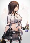  1girl baseball_cap belt bikini bikini_under_clothes black_bikini black_gloves black_hair breasts brown_hair closed_mouth collarbone commentary crop_top cropped_legs denim denim_skirt drink drinking_straw elbow_pads final_fantasy final_fantasy_vii final_fantasy_vii:_ever_crisis fingerless_gloves floral_background frayed_clothes frayed_skirt gloves gradient_background grey_skirt hat highleg highleg_bikini highres holding holding_drink holding_unworn_clothes holding_unworn_hat jewelry juice large_breasts light_blush long_hair looking_at_viewer low-tied_long_hair lukrevadraws midriff miniskirt navel necklace official_alternate_costume red_eyes see-through_clothes see-through_shirt shirt short_sleeves side-tie_bikini_bottom single_elbow_pad single_sidelock skirt smile solo swept_bangs swimsuit tied_shirt tifa_lockhart tifa_lockhart_(lifeguard) unworn_hat unworn_headwear very_long_hair wet wet_clothes wet_shirt white_shirt 