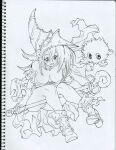 1girl absurdres bare_shoulders blush boots breasts choker cleavage collarbone commentary dark_magician_girl duel_monster english_commentary full_body hat highres kuriboh large_breasts long_hair looking_down monochrome open_mouth panties panty_peek paper_background pen_(medium) pentacle pentagram photo_(medium) poch4n sketch smile solo staff thighs traditional_media underwear unfinished wand wizard_hat yu-gi-oh! 