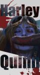  1boy 1girl blonde_hair blood blood_splatter character_name closed_eyes dc_comics facing_viewer fellatio goggles goggles_on_head harley_quinn hetero highres kissing_penis long_hair looking_at_viewer multiple_views oral penis rajdraw twintails 