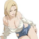  1girl arm_support bare_shoulders blonde_hair blouse blue_shorts breasts brown_eyes casual cleavage closed_mouth commentary cutoffs denim denim_shorts english_commentary facial_mark forehead_mark frills hand_on_own_thigh highres huge_breasts kiripetals large_breasts lips lipstick long_hair long_sleeves looking_at_viewer lying makeup nail_polish naruto_(series) naruto_shippuuden off_shoulder on_side orange_eyes sample_watermark shirt short_shorts shorts simple_background smile solo thighs tsunade_(naruto) twintails watermark web_address white_background 