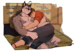  2boys abs ahoge animal_ears artist_name ayato_kamata bara biceps black_hair blue_pants blush cross_scar english_commentary furry furry_male futon highres hug looking_at_another male_focus morenatsu multiple_boys muscular muscular_male nipples nishimura_hiroyuki_(morenatsu) pants pectorals ponytail russian_text scar scar_across_eye scar_on_face scar_on_forehead shirt sitting smile tail ten_kodori topless_male translation_request twilight white_pants white_shirt wolf_boy wolf_ears wolf_tail yaoi 