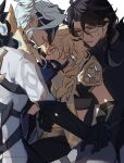  3boys :d aether_(genshin_impact) black_gloves black_hair black_pants black_shirt blonde_hair blue_hair blush boy_sandwich braid commentary_request covered_eyes crop_top dottore_(genshin_impact) earrings eye_mask feathers fur_trim genshin_impact glasses gloves grey_pants grin half-closed_eyes highres jacket jewelry long_hair mask masked multiple_boys nontamewmew pantalone_(genshin_impact) pants parted_lips plague_doctor_mask sandwiched shirt single_earring smile sweatdrop white_background white_jacket white_shirt yaoi 