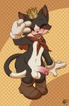absurd_res balls blush bodily_fluids cait_sith_(ff7) cat-sith celtic_mythology crown domestic_cat european_mythology felid feline felis final_fantasy final_fantasy_vii fur genital_fluids genitals headgear hi_res humanoid_genitalia humanoid_penis mammal mythology nude nutty_bo open_mouth penis precum simple_background square_enix tail