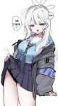  1girl armband black_panties blue_archive blue_necktie blue_skirt clothes_lift commentary grey_eyes grey_hair grey_halo grey_jacket halo hawaiian_shirt highres jacket konoka_(blue_archive) korean_text necktie open_clothes open_jacket open_mouth panties purple_armband shirt sima.ani skirt skirt_lift solo speech_bubble thighs translation_request underwear untranslatable_commentary white_background 