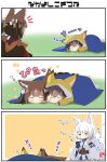  3girls absurdres amagi-chan_(azur_lane) animal_costume animal_ears azur_lane blanket cellphone chibi crossover fox_costume fox_ears fox_girl fox_tail highres japanese_clothes kaga_(battleship)_(azur_lane) kaga_(kancolle) kantai_collection multiple_girls multiple_tails name_connection notice_lines phone sleeping smartphone star_(symbol) tail taisa_(kari) taking_picture translated twitter_username zzz 