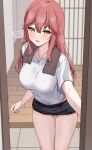  1girl :d black_shorts breasts highres indoors kaetzchen large_breasts liliya_(kaetzchen) long_hair looking_at_viewer micro_shorts midriff_peek open_mouth original red_hair shirt short_sleeves shorts smile solo thighs towel towel_around_neck white_shirt yellow_eyes 