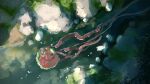  1girl bird's_eye_view commentary_request dress from_above highres kagiyama_hina long_ribbon niy_(nenenoa) one-hour_drawing_challenge outdoors plant red_dress red_ribbon ribbon rock solo stream touhou wide_shot 