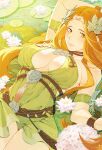  1girl armlet bracelet breasts closed_mouth dress feather_hair_ornament feathers final_fantasy final_fantasy_xiv flower green_dress green_eyes hair_ornament highres jewelry large_breasts long_hair looking_at_viewer lotus lying lyra-kotto nophica on_back orange_hair smile 