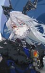  1girl black_cloak black_horns blue_eyes blue_flag cloak closed_mouth commentary_request earrings flag floating_hair fur-trimmed_cloak fur_trim grey_hair hair_between_eyes heterochromia highres horns jewelry long_hair solo star-shaped_pupils star_(symbol) sunbringer_(zenless_zone_zero) symbol-shaped_pupils twitter_username upper_body yellow_eyes zenless_zone_zero zunda_kaku 