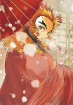  1boy blonde_hair flower from_behind haori holding holding_umbrella japanese_clothes kimetsu_no_yaiba long_hair looking_at_viewer male_focus multicolored_hair oil-paper_umbrella parted_lips red_eyes red_flower red_hair red_umbrella rengoku_kyoujurou sayu090200 snowing solo spiked_hair two-tone_hair umbrella 