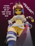 2026 3:4 3d_(artwork) animal_crossing ankha_(animal_crossing) anthro armwear arrow_pointing_to_crotch arrow_pointing_to_pussy arrow_tattoo bandage bandaged_arm bandaged_chest bandaged_leg belly blue_armwear blue_clothing blue_elbow_gloves blue_fingerless_gloves blue_gloves blue_hair blue_handwear blue_legwear blue_thigh_highs bob_cut bottomless bottomless_anthro bottomless_female bracelet breasts claws clothed clothing crotch_lines dialogue digital_media_(artwork) directional_arrow domestic_cat egyptian egyptian_clothing egyptian_headdress elbow_gloves english_text felid feline felis female finger_claws fingerless_gloves fingers first_person_view fur fur_markings genitals gloves hair hand_on_hip handwear headgear headwear holding_leash holding_object jewelry leash leash_pull leashed_pov leashed_viewer legwear looking_at_viewer looking_down low-angle_view magenta_background mammal markings medium_breasts midriff mummy_wrappings nintendo nothingsorter pubic_markings pubic_tattoo short_hair simple_background solo speech_bubble striped_markings striped_tail stripes tail tail_markings tattoo text thigh_highs unimpressed vulva warfare_ankha wide_hips yellow_body