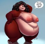  2021 anthro baldur_(shenzel) bear belly big_belly big_breasts blue_eyes breasts claws dialogue fangs female fur hair hand_behind_head hand_on_hip hi_res looking_back mammal navel nipples nude obese obese_anthro obese_female open_mouth overweight overweight_anthro overweight_female shenzel signature solo speech_bubble standing teeth text thick_thighs toe_claws wide_hips 