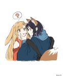  2girls ahoge animal_ears black_hair blonde_hair blush cheek_poking cheek_press cho_kaguya-hime! commentary_request crescent crescent_hair_ornament eye_contact fox_ears hair_ornament hand_on_another's_cheek hand_on_another's_face hands_on_another's_cheeks hands_on_another's_face highres japanese_clothes kaguya_(cho_kaguya-hime!) kimono long_hair looking_at_another lop_rabbit_ears marucho_(nagamemaru) multiple_girls open_mouth poking rabbit_ears sakayori_iroha white_background yuri 