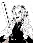  1boy ball baseball_bat buttons colored_tips commentary_request demon_slayer_uniform greyscale hagiwara_daisuke hands_up holding holding_ball holding_baseball_bat kimetsu_no_yaiba layered_clothes long_hair long_sleeves male_focus monochrome multicolored_hair open_mouth rengoku_kyoujurou smile solo teeth two-tone_hair upper_body 