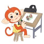 1:1 ahoge aiai anthro big_ears drawing drawing_table duo eyebrows feet female fur genitals hair haplorhine hi_res innotsu kneeling kneeling_on_ground lamp looking_at_viewer male male/female mammal monkey orange_body orange_fur palette_(super_monkey_ball) pencil_(object) primate raised_eyebrow scribbles sega smile smug smug_face spread_legs spreading super_monkey_ball tail vulva