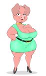 2023 anthro big_breasts breasts cleavage clothed clothing domestic_pig female footwear hi_res high_heels looking_at_viewer mammal open_mouth open_smile pink_body simple_background smile smiling_at_viewer solo standing suid suina sus_(pig) usnarbit 