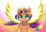  digital_media_(artwork) equid equine eyebrows eyelashes feathered_wings feathers female feral green_eyes hair hasbro hi_res horn long_hair looking_up mammal mlp_g5 multicolored_hair my_little_pony orange_body purple_hair smile solo spread_wings sunny_starscout_(mlp) winged_unicorn wings yellow_body yellow_feathers yellow_horn yukkuri_yu_yu 