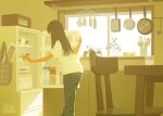  1girl artist_name backlighting bag black_hair blue_pants bottle chair coffee_maker commentary cup denim drink_carton english_commentary food frying_pan glass highres indoors jeans kitchen ladle long_hair microwave milk_carton no_lineart open_refrigerator original oven pants plant potted_plant refrigerator shirt short_sleeves signature slice_of_life solo straight_hair sunlight table taizo_(taizo_03) tote_bag white_shirt window yellow_theme 