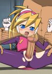  1girl 2boys blonde_hair blue_eyes bodysuit breasts ciel_(mega_man) helmet mega_man_(series) mega_man_zero missionary mizutenka multiple_boys open_mouth penis pink_skirt ponytail rape restrained skirt small_breasts torn_clothes vaginal 