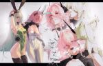  2girls absurdres ahegao alternate_costume animal_ear_hairband animal_ears arknights aroused biting biting_ear black_collar black_horns black_thighhighs black_wrist_cuffs blush breasts cat_ears cat_girl cleavage_cutout clenched_teeth closed_mouth clothing_cutout collar collarbone detached_collar drooling eargasm fake_animal_ears fingerless_gloves gandy_(gan3e46) gloves green_eyes green_hair green_leotard hair_between_eyes hairband half_gloves hand_on_another's_waist hands_on_another's_chest hands_on_another's_face highleg highleg_leotard highres horns impossible_clothes impossible_leotard kal'tsit_(arknights) leotard licking licking_another's_face licking_ear long_hair looking_at_another looking_at_viewer medium_breasts multicolored_hair multiple_girls multiple_views open_mouth pantyhose partially_fingerless_gloves pink_eyes pink_hair pink_leotard playboy_bunny pointy_ears saliva shading_eyes simple_background smile strapless strapless_leotard tearing_up teeth theresa_(arknights) thighhighs uncommon_stimulation white_background white_hair white_pantyhose wrist_cuffs yuri zipper_pull_tab 