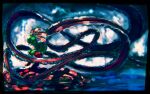  1girl blue_background commentary_request dress floating_ribbon frilled_ribbon frills from_side full_body green_hair hair_ribbon kagiyama_hina long_dress long_hair long_ribbon niy_(nenenoa) one-hour_drawing_challenge profile red_dress red_ribbon ribbon short_sleeves sitting solo touhou wide_shot 