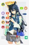  ... 1girl absurdres animal_ear_fluff animal_ear_piercing animal_ears arknights bag bare_shoulders bellone_(arknights) belt black_belt black_hair blue_bag blue_jacket chain checkmark commentary cowboy_shot cropped_legs domino's_pizza food fruit hair_between_eyes hewu639356 highres holding holding_phone jacket lappland_(arknights) long_hair long_sleeves looking_at_phone looking_down miniskirt official_alternate_costume parted_lips penance_(arknights) phone pineapple pineapple_on_pizza pizza pleated_skirt shirt skirt sleeveless sleeveless_jacket speech_bubble spoken_ellipsis standing sweatdrop texas_(arknights) untranslatable_commentary vigil_(arknights) white_shirt wolf_ears x_mark 