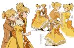  adjusting_necklace aku_no_meshitsukai_(vocaloid) aku_no_musume_(vocaloid) allen_avadonia ascot back_bow bare_shoulders black_flower black_rose blonde_hair blue_eyes blue_gem bow brother_and_sister brown_coat brown_jacket brown_vest carol_cao coat dancing dress dress_bow dress_ribbon earrings evillious_nendaiki flower flower_necklace frilled_dress frilled_sleeves frills gem hair_bow hair_ornament hair_ribbon hairclip happy high_ponytail highres holding_own_skirt jacket jewelry kagamine_len kagamine_rin medium_hair nape necklace off-shoulder_dress off_shoulder open_clothes open_coat open_jacket orange_bow orange_coat orange_jacket parallel_hairclips petticoat ponytail ribbon riliane_lucifen_d'autriche rose short_ponytail siblings smile swept_bangs twins updo vest vocaloid waist_ribbon waltz_(dance) white_ascot wide_sleeves yellow_bow yellow_dress 