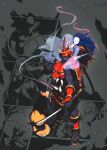  3boys 4girls armor b.b._hood bishamon_(darkstalkers) black_hair carrying colored_skin darkstalkers demitri_maximoff dog ghost ghost_girl hagoromo helmet highres holding holding_sword holding_weapon japanese_armor japanese_clothes jon_talbain jung_yong-sick kabuto_(helmet) katana lilith_(darkstalkers) long_hair mask morrigan_aensland multiple_boys multiple_girls samurai sandals shawl sheath shiba_inu shoulder_armor shoulder_carry sitting_on_shoulder spirit standing sword traditional_youkai weapon 