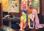  1girl 2boys archer_(fate) black_pants black_shirt blue_hair cu_chulainn_(fate) cu_chulainn_(fate/stay_night) dress_shirt earrings fate/stay_night fate_(series) glasses grey_hair grey_pants hawaiian_shirt highres indoors jewelry kajijii leaning_back long_hair low-tied_long_hair low_ponytail medusa_(fate) medusa_(rider)_(fate) mouth_hold multiple_boys open_mouth pants pink_hair pink_shirt profile shirt short_hair short_sleeves sitting sleeveless sleeveless_shirt spiked_hair very_long_hair 