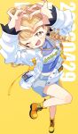  1girl absurdres arms_up blonde_hair blue_shirt braid commentary_request fingernails four-finger_heart_hands fujita_kotone gakuen_idolmaster heart heart_hands highres idolmaster jacket kusunokimizuha long_hair long_sleeves looking_at_viewer midriff nail_polish navel open_mouth shirt shoes short_shorts shorts smile solo standing standing_on_one_leg white_jacket yellow_eyes yellow_nails yellow_shoes 