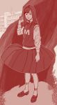  1girl absurdres bow bowtie brown_theme building east_asian expressionless full_body futoshi_slim greyscale highres loafers long_skirt monochrome original pleated_skirt shoes skirt socks solo sweater_vest traditional_bowtie tree 